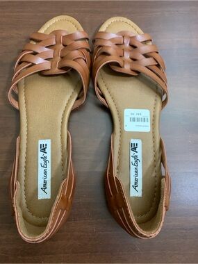 American Eagle SZ 9 Tan Woven Huarache Braided Strappy Flat Sandals Slip On